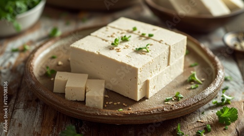 Fresh tofu block on a rustic plate with garnish
