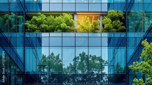 Eco-friendly building in the modern city. Sustainable glass office building with tree for reducing carbon dioxide. Office building with green environment. Corporate building reduce CO2,generative ai