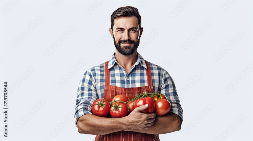 A Confident farmer holding fresh tomatoes Show them the camera. Stand and look at the camera. On empty space on white transparent background isolated A Confident farmer holding fresh tomatoes Show them the camera. Stand and look at the camera. On empty space on white transparent background isolated