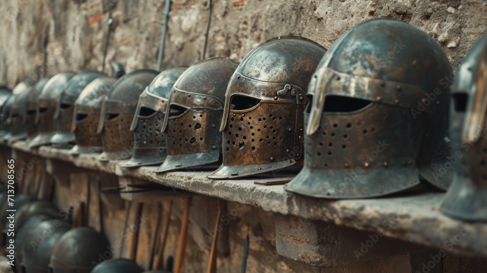 Fototapeta premium Row of antique medieval helmets displayed on a stone shelf, a relic of historical armor.