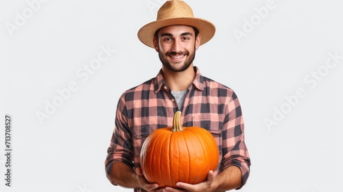 Agriculture, confident farmer holding fresh pumpkin Showing to the camera. Standing looking at camera on empty space on white transparent background isolated. © Phoophinyo