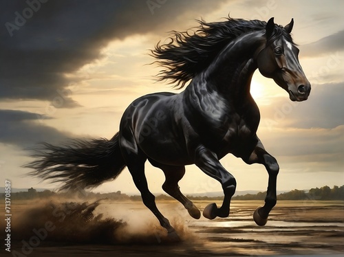 Black color horse running in the sunset AI generated art. © PixelloImage