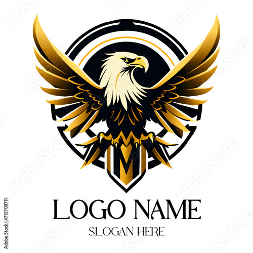 Side profile logo design of full body eagle in gold color. Generative AI. photo