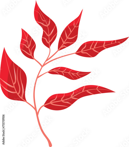 Red stylized branch with detailed leaves, nature graphic design. Geometric botanical illustration, modern flora decor vector illustration.