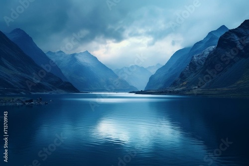 Mountainous lake with a blue hue. Generative AI photo