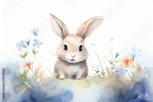 Watercolor border with adorable bunny. Generative AI