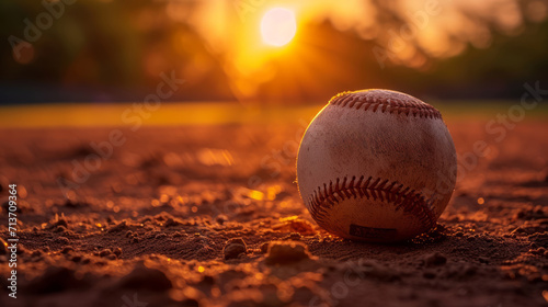 A lone baseball on dusty ground as the sunset casts a golden glow photo