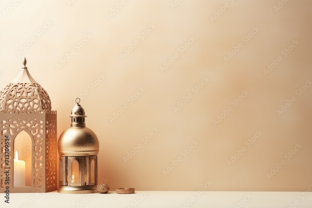 Ramadan Kareem and Eid Mubarak Background Copy Space Simple and Elegant Islamic Lanterns and Mosque