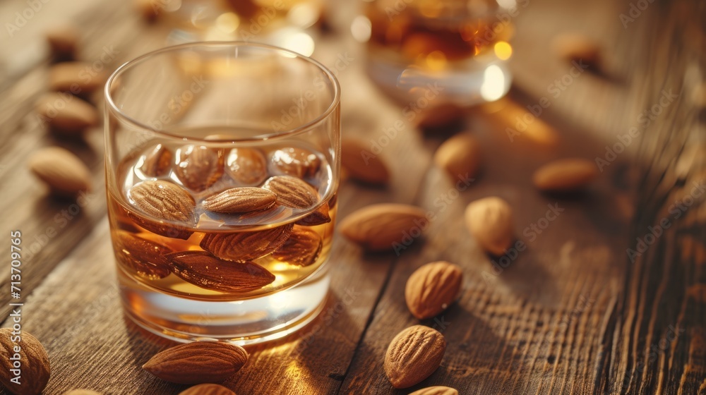 Glasses of amber whiskey with ice paired with almonds on a textured wooden table. Glasses of amber whiskey with ice paired with almonds on a textured wooden table.