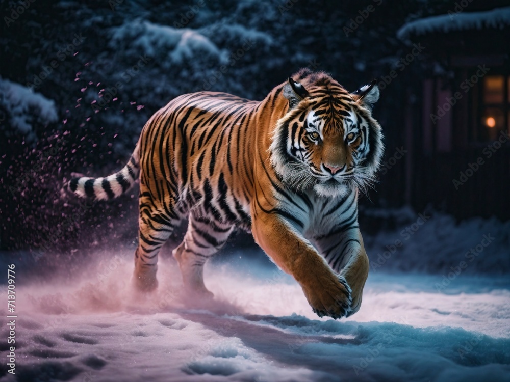 Obraz premium sneak Tiger in neon lights in the snow