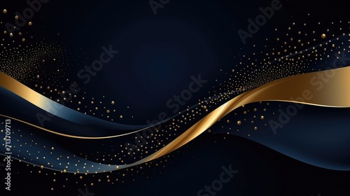 Abstract curve overlapping on dark blue background with glitter and golden lines glowing dots golden combinations luxury and elegant design