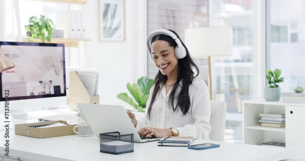 Laptop, dance and music with woman employee streaming on headphones to relax on break from work. Computer, smile and happy with young business person listening to radio sound for entertainment Laptop, dance and music with woman employee streaming on headphones to relax on break from work. Computer, smile and happy with young business person listening to radio sound for entertainment