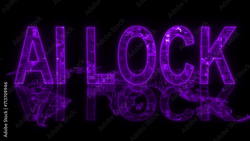 3d AI Lock text technology earth map animation glowing purple
