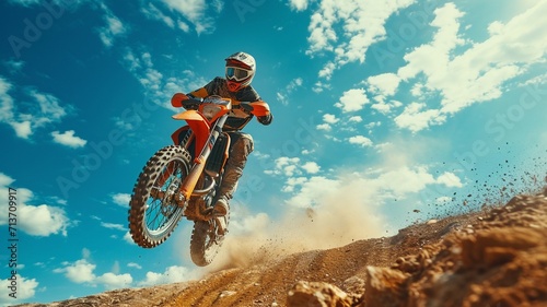 motorcycle stunt or car jump. A off road moto cross type motor bike, in mid air during a jump with a dirt trail. cnayon with blue sky.generative ai