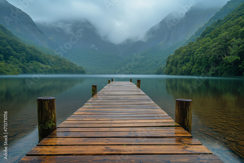Wooden pier with natural lake and high mountain at background. © Rattanapon