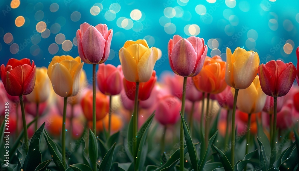 Various colored Tulips field,blue sky,sparkling lights generative ai