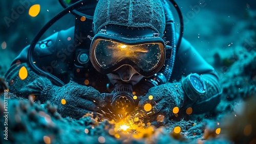 an underwater diver worker wearing a Military watch and welding a tube underwater ,generative ai photo