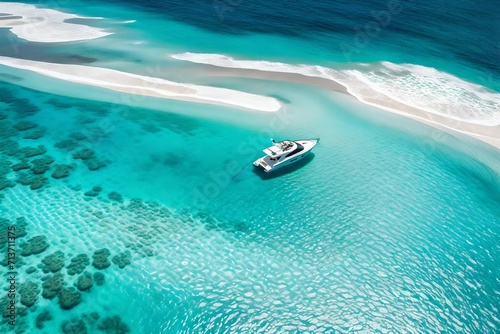 The clear turquoise waters stretch endlessly, inviting the viewer into a world of adventure. A personal watercraft traces a mesmerizing circular path, accentuating the harmony between man and nature.