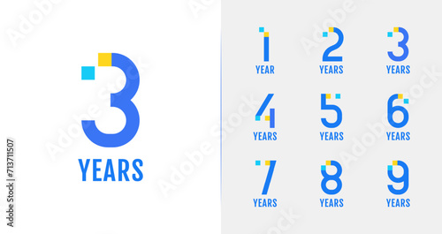 Set of modern anniversary logo design. 1, 2, 3, 4, 5, 6, 7, 8, 9, birthday symbol with technology concept