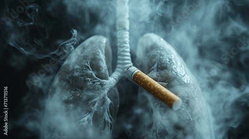Dangerous cigarette smoke causing damage to lungs. Lung disease from smoking tobacco in gray studio, generative ai