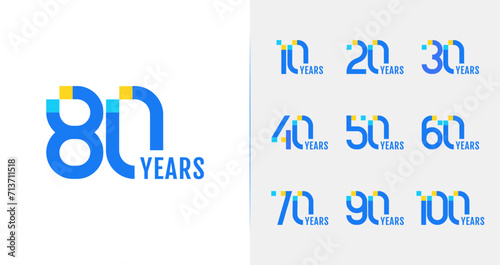 Set of modern anniversary logo design. 10, 20, 30, 40, 50, 60, 70, 80, 90, 100, birthday symbol with technology concept