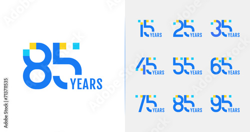 Set of modern anniversary logo design. 15, 25, 35, 45, 55, 65, 75, 85, 95, birthday symbol with technology concept