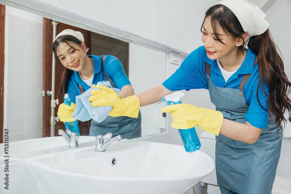 Fototapeta premium A cheerful maid in rubber gloves wipes bathroom mirror with a rag ensuring cleanliness and shining reflection. Hotel service emphasizes professional cleaning for hygiene. Maid cleaning at home