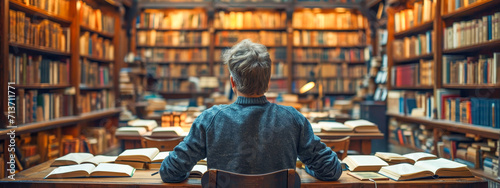 Rear view of a person seated in a library, surrounded by open books, engrossed in study and academic research.
