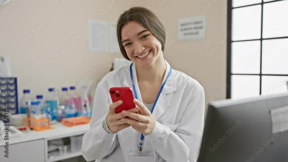 A smiling young woman in a lab coat using a smartphone in a medical laboratory A smiling young woman in a lab coat using a smartphone in a medical laboratory