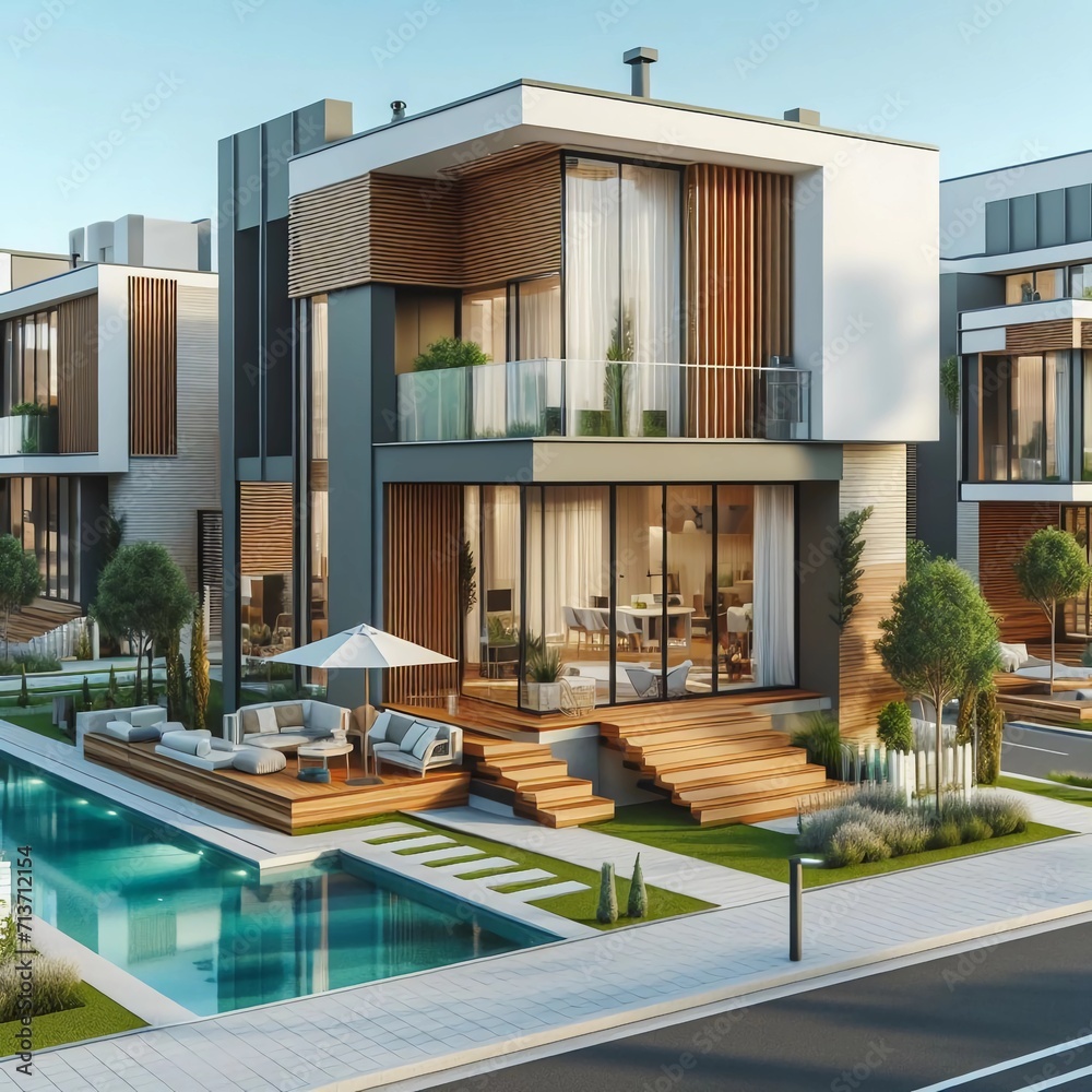 3d rendering of modern cozy house with pool and parking for sale or rent in luxurious style. 3d rendering of modern cozy house with pool and parking for sale or rent in luxurious style.