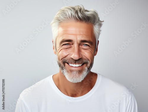 Beautiful close up portrait of mature handsome middle aged men smiling with beautiful white teeth on white background
