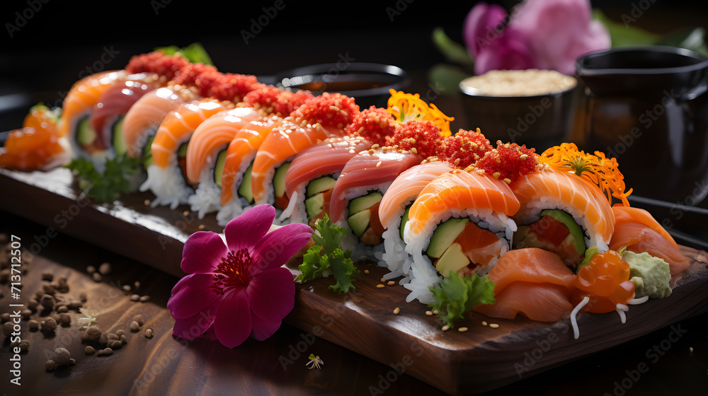 Vibrant and Artistic Sushi Feast: Explore the Diverse and Colorful Rolls of Japanese Cuisine Vibrant and Artistic Sushi Feast: Explore the Diverse and Colorful Rolls of Japanese Cuisine