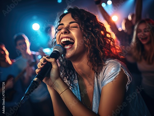 Young passionate girl singing song in concert
