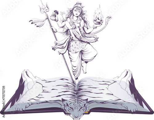 Shiva Indian multi armed god dance on tiger skin open book illustration religion