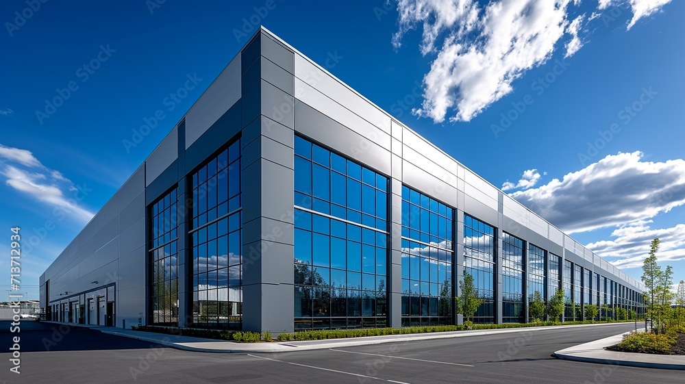 logistics center, headquarters or large office under a blue sky. AI generated