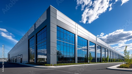 logistics center, headquarters or large office under a blue sky. AI generated