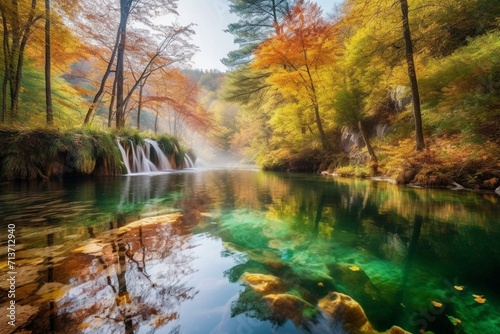 Breathtaking morning view of crystal clear waterfall in Plitvice National Park, Croatia. Serene autumn scenery and abandoned wonders of nature. Generative AI © Aradia