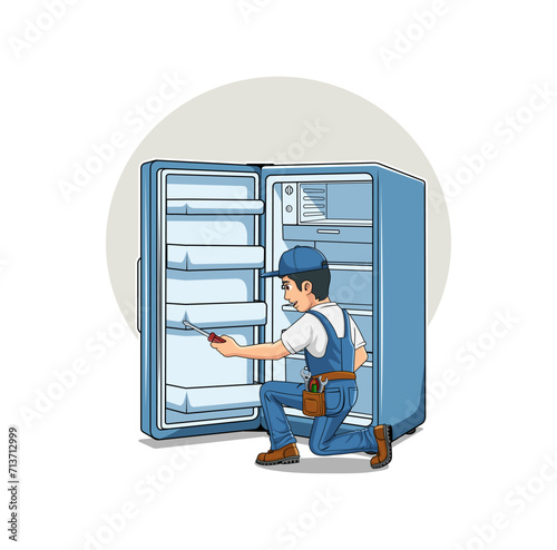 HVAC Service Cartoon Character Repairing Refrigerator Design Illustration vector eps format , suitable for your design needs, logo, illustration, animation, etc.