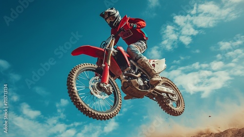 motorcycle stunt or car jump. A off road moto cross type motor bike  in mid air during a jump with a dirt trail. cnayon with blue sky.generative ai