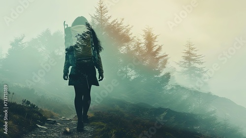 Double Exposure Hiker and Mountain photo