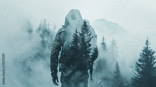 Double Exposure Hiker and Mountain photo