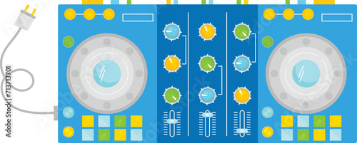 Flat design of a colorful audio mixer console with knobs and sliders, plus a power cord. Music production and sound engineering console vector illustration.