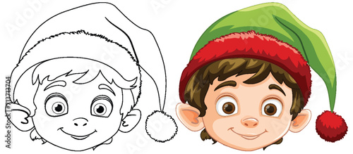 Colorful and outlined versions of a cheerful Christmas elf.