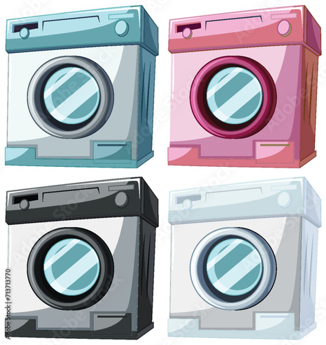 Four cartoon-style washing machines in various colors