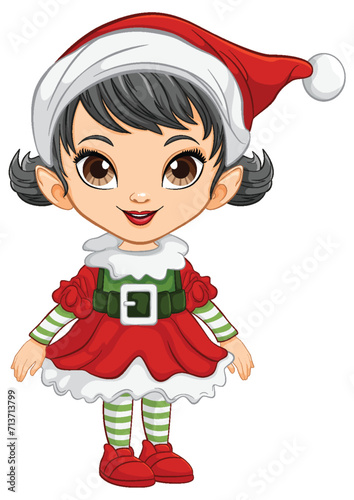 Cute animated girl dressed in festive Christmas attire.