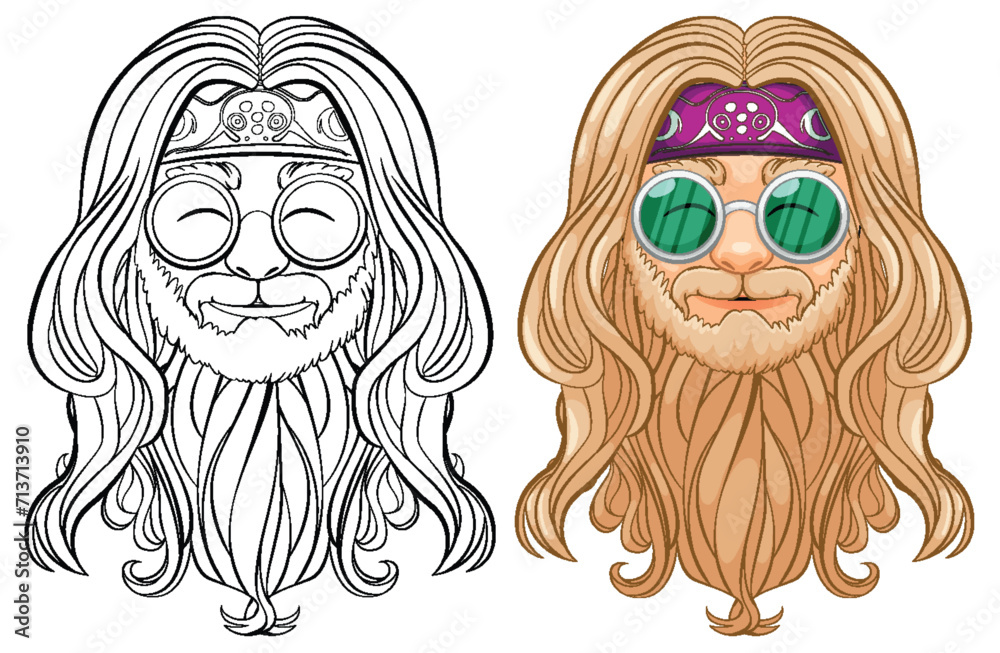 Colorful and black-and-white hippie character design. Colorful and black-and-white hippie character design.