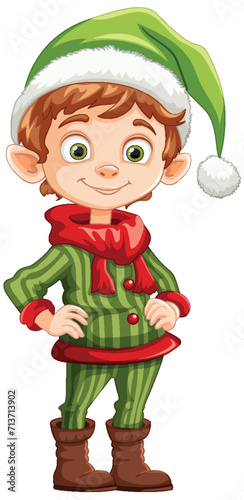 Smiling elf in holiday attire standing confidently.