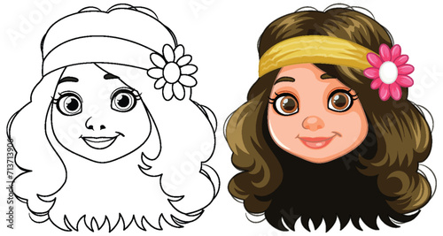 Cartoon girl smiling with a colorful headband and flower.