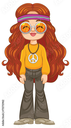 Cartoon of girl dressed in retro 70s attire.
