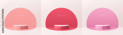 Set of 3D valentine day heart shape podium with pink and light red in semi circle backdrop scene. Platforms mockup product display presentation. Abstract composition in minimal design. Stage showcase.
